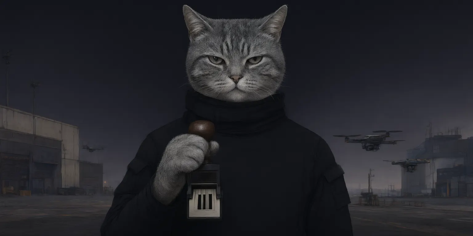 Sergeant Trax at the checkpoint at dusk, drones overhead