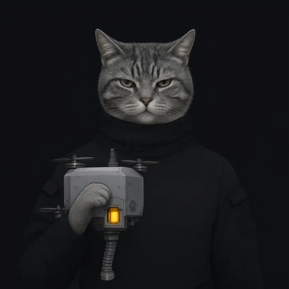 Sergeant Trax holding BBAX, a matte-gray boxy drone with a glowing coin slot