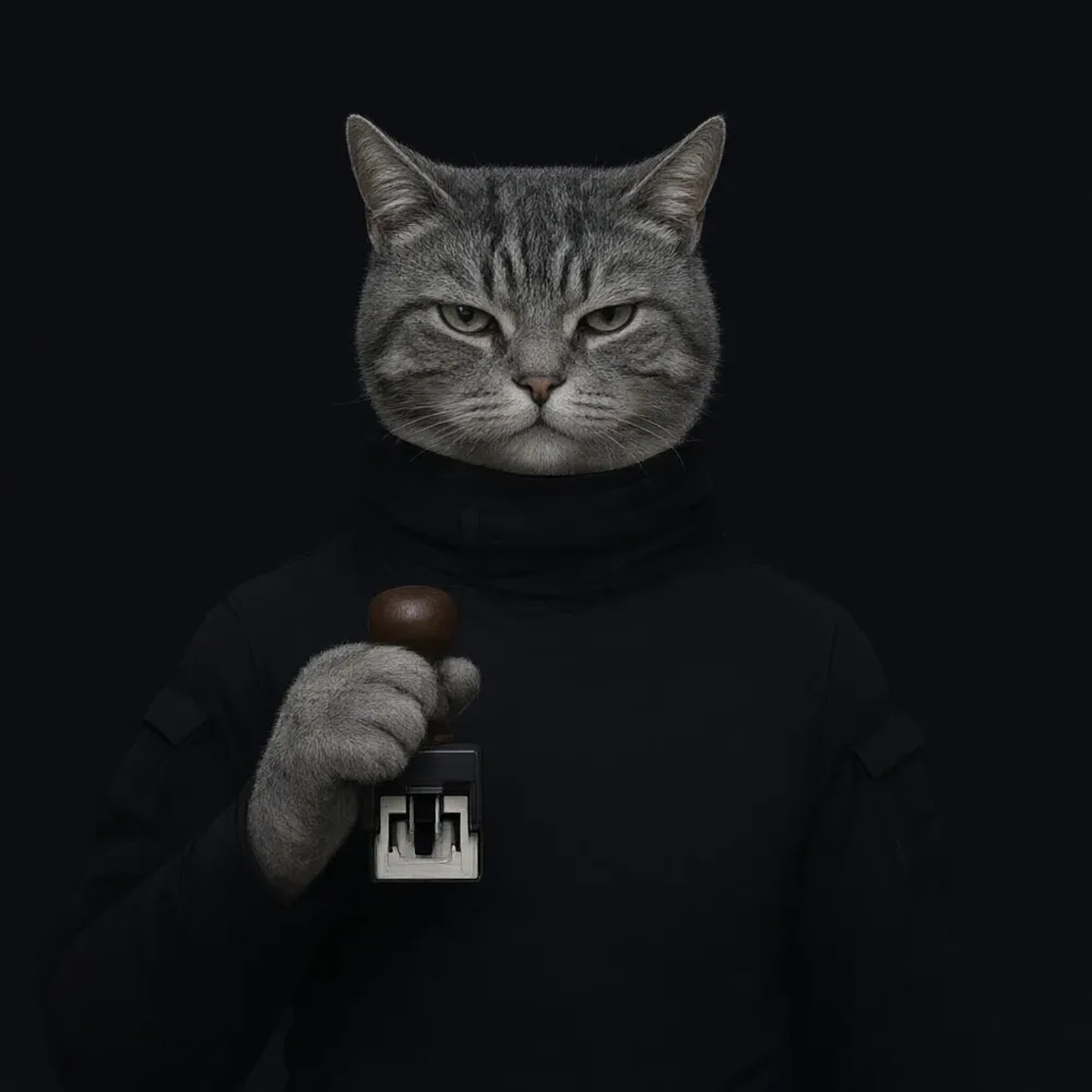 Sergeant Trax, grey tabby head, black tactical turtleneck, toll stamp in hand